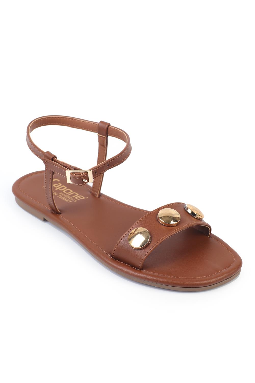 Capone Metal Accessory Single Ankle Strap Flat Heel Round Toe Women Tan Sandals