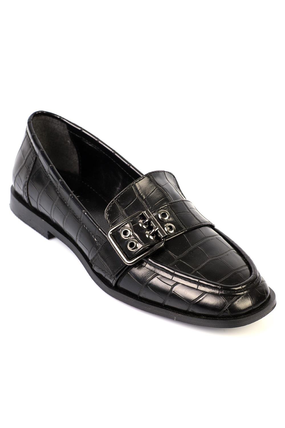 Capone Metal Buckled Women Black Loafers