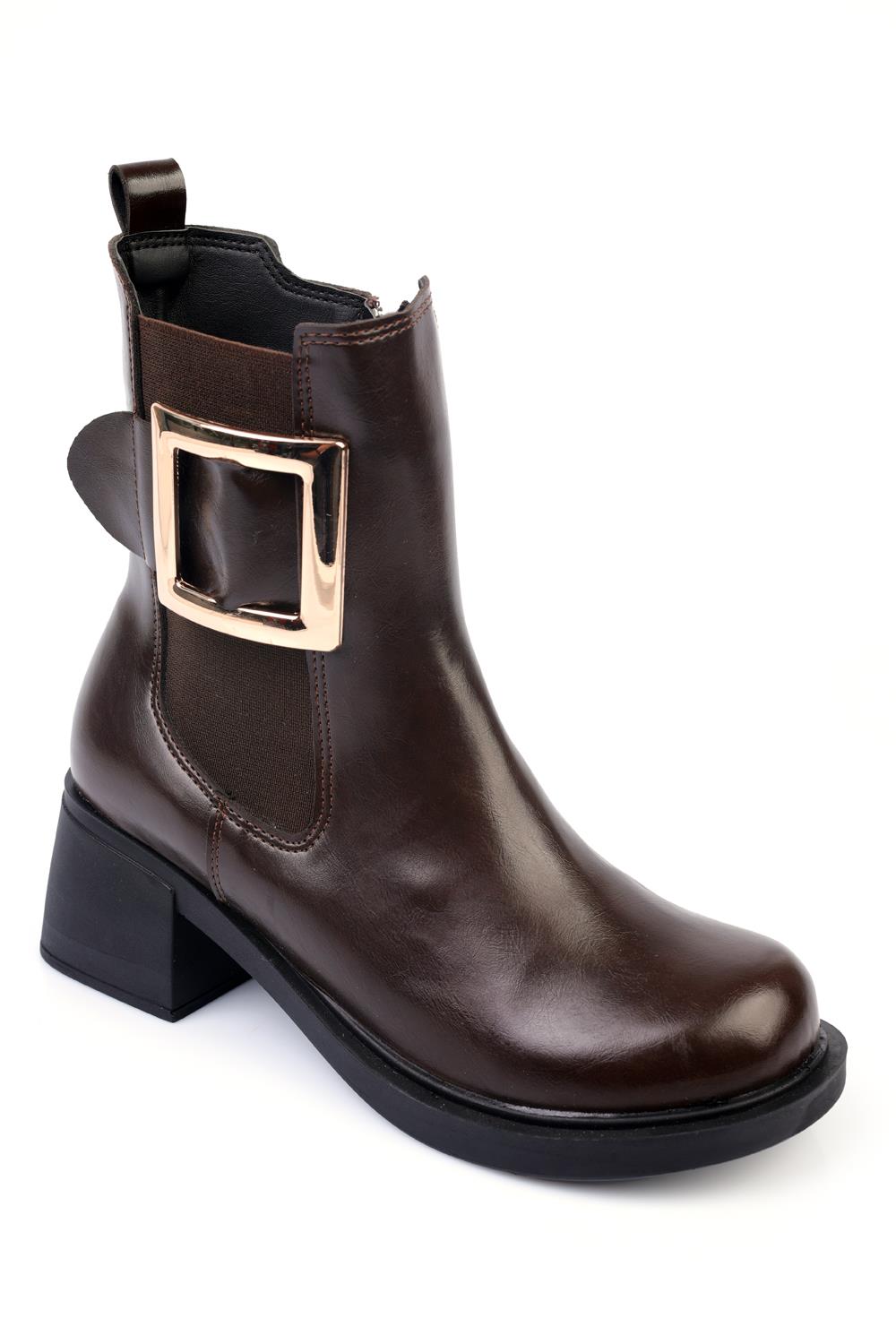 Capone Metal Buckled Women Brown Ankle Boots