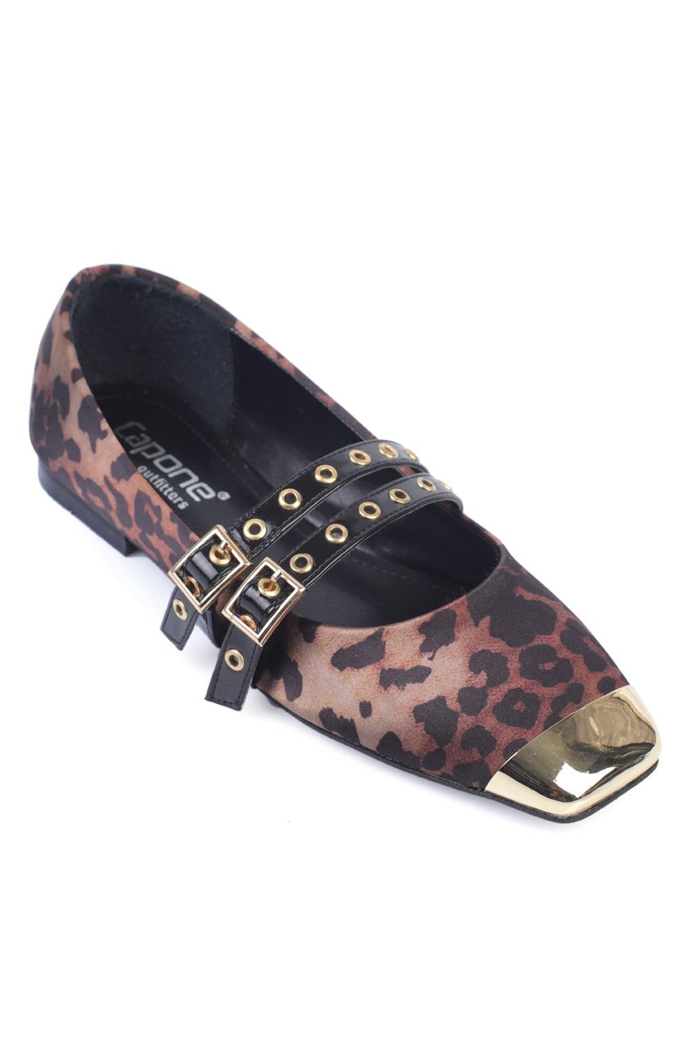 Capone Metal Flat Toe Crystal Embellished Women Leopard Ballerinas