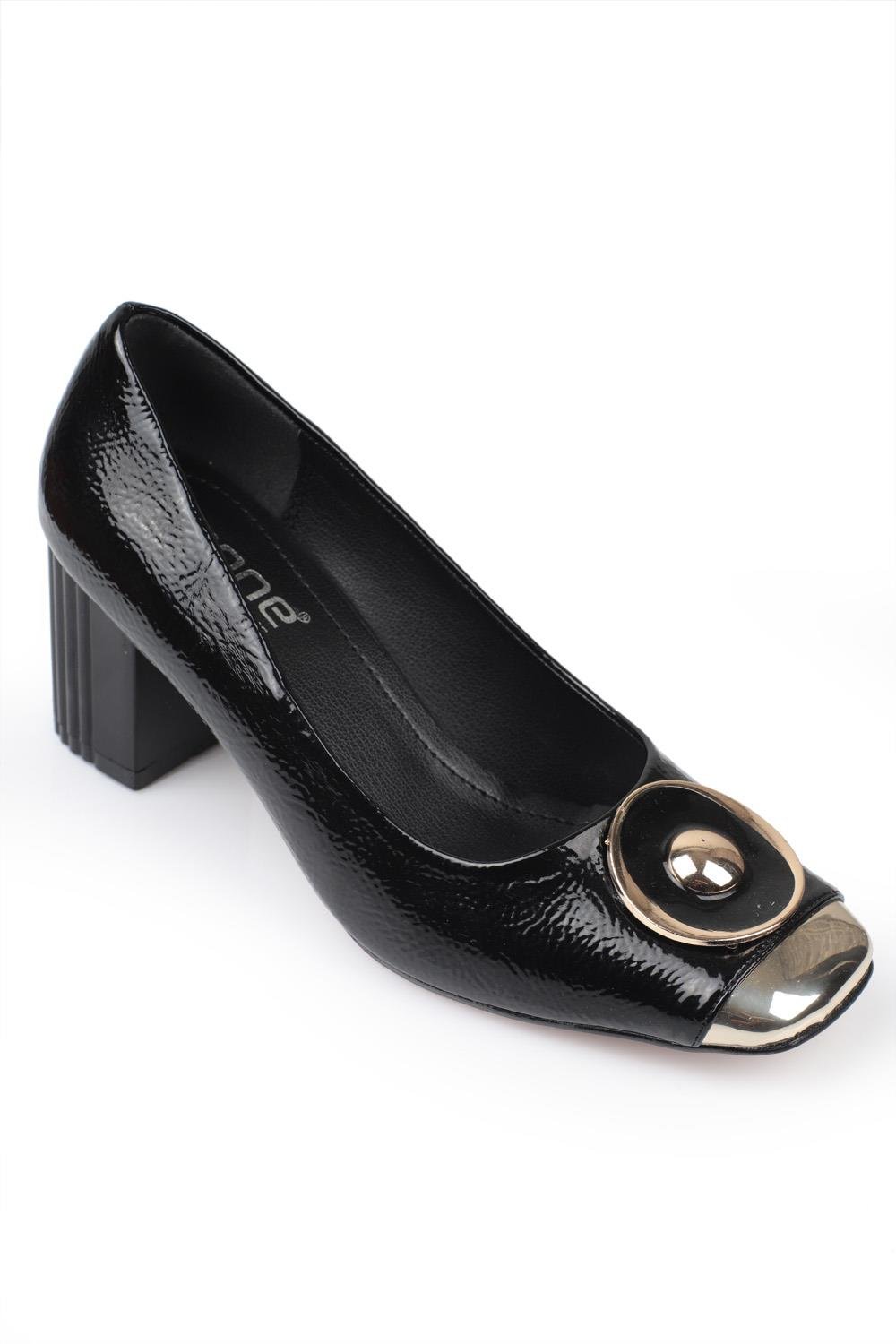 Capone Metalic Blunt Toe Block Mid Heel Chic Women Black Shoes