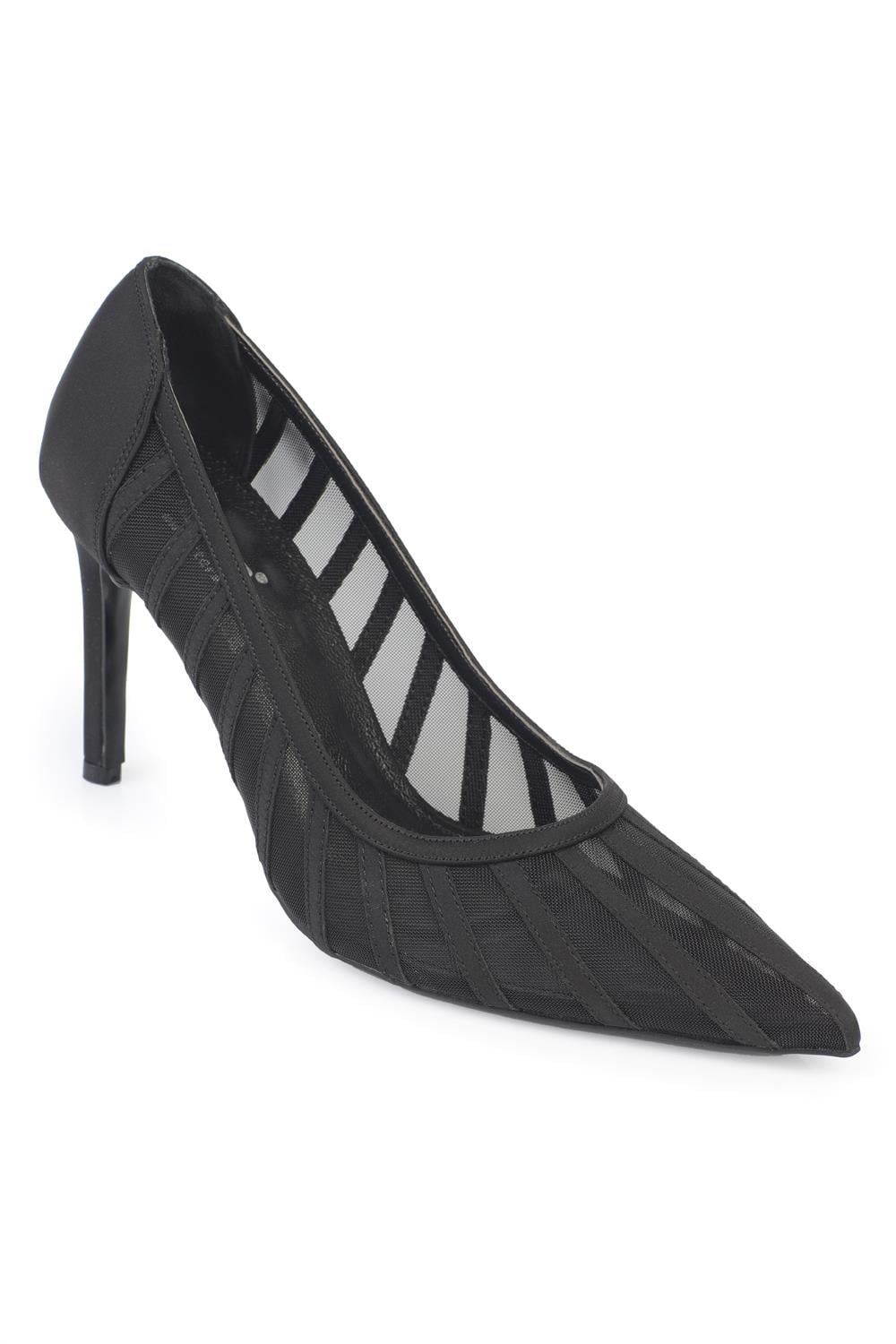 Capone Micheline Genuine Leather Lined Pointed Toe Mid Heel Mesh Satin Women Satin Black Shoe