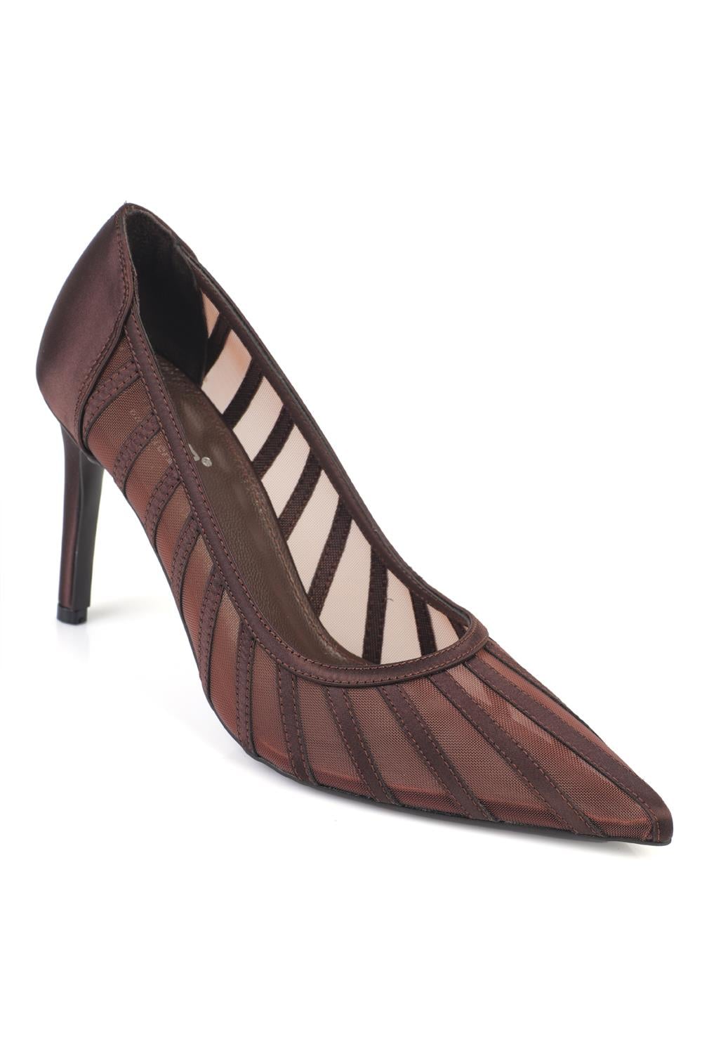 Capone Micheline Genuine Leather Lined Pointed Toe Mid Heel Mesh Satin Women Satin Brown Shoe