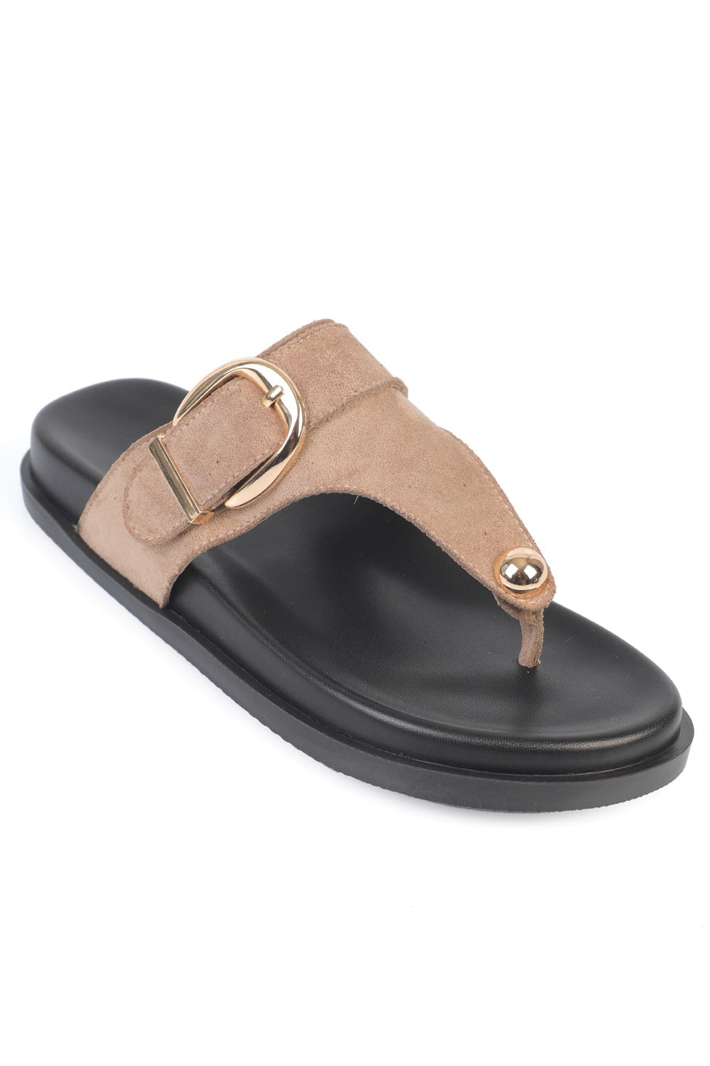 Capone Michell Flat Heel Thong Metal Buckle Suede Look Women Sued Mink Sandal