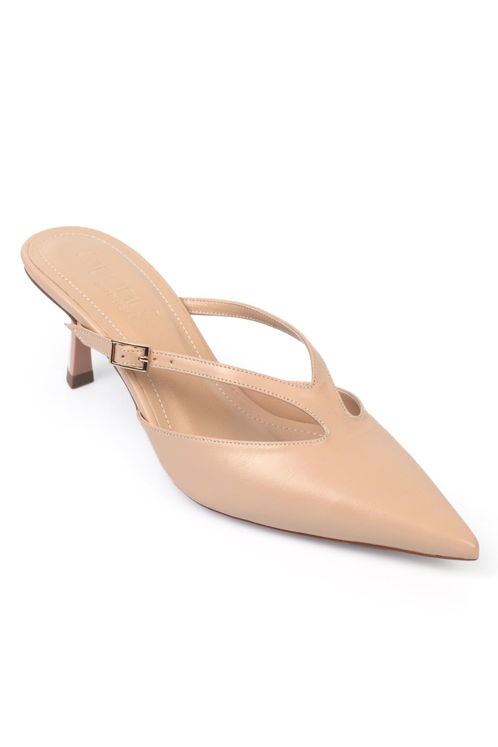 Capone Mid Heel Pointed Toe Buckled Women Beige Closed Toe Sandals