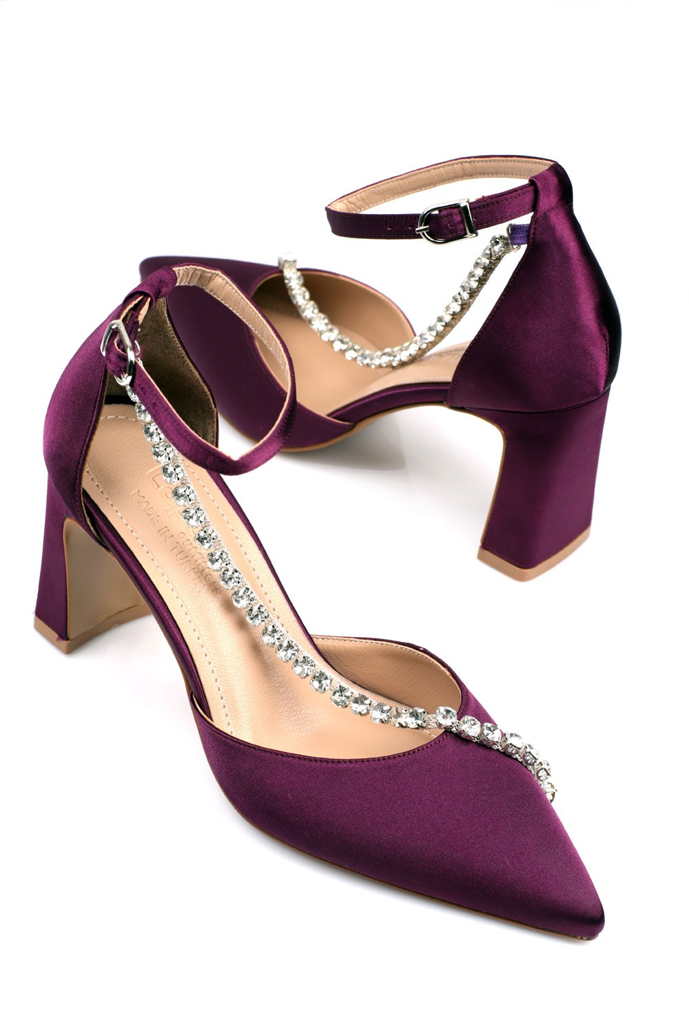 Capone Mid Heel Pointed Toe Cristal Embellished Slingback Satin