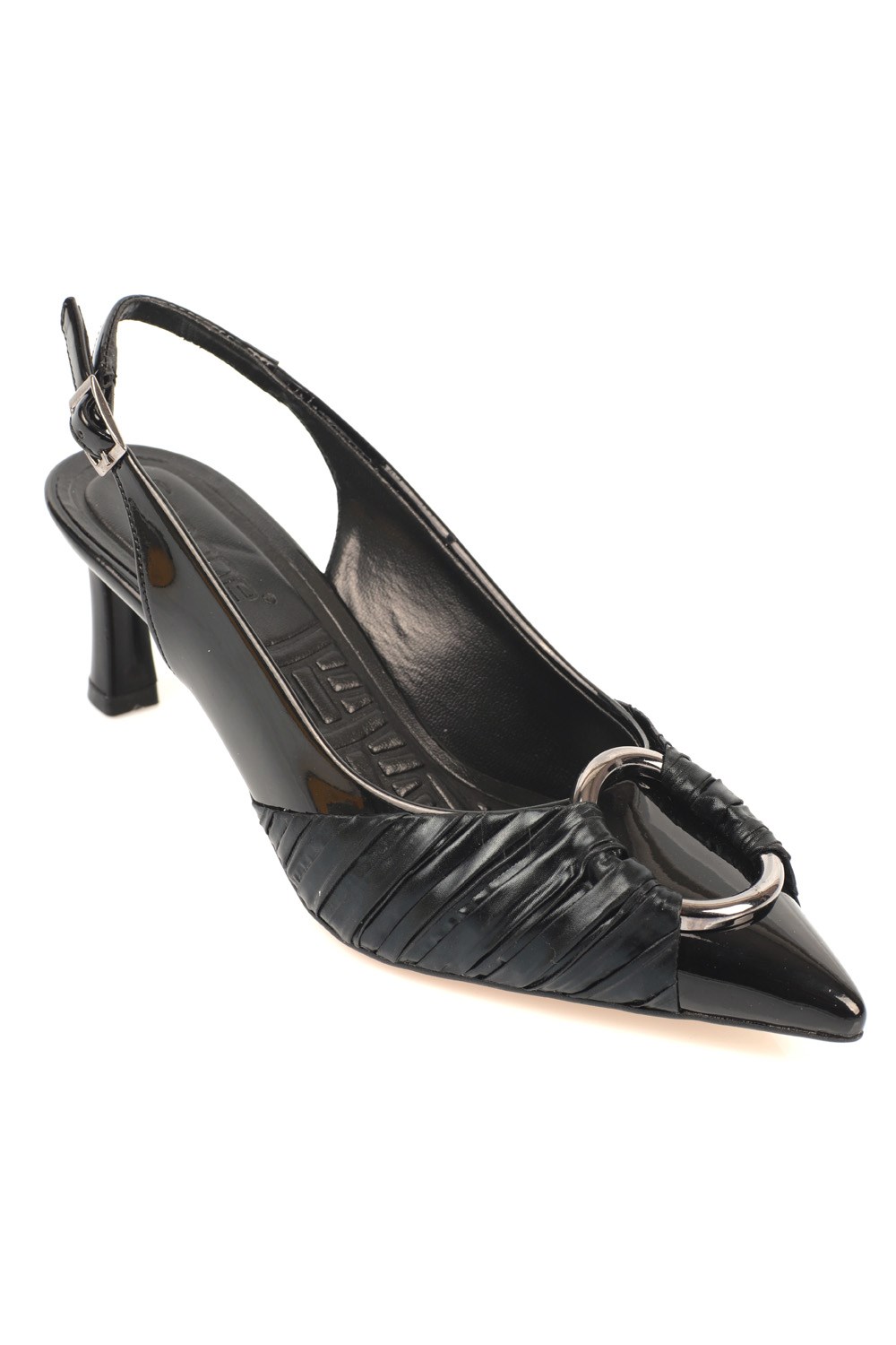 Capone Mid Heel Pointed Toe Pleated Metalic Round Bouckle Patent Leather Slingback Women Black Shoes