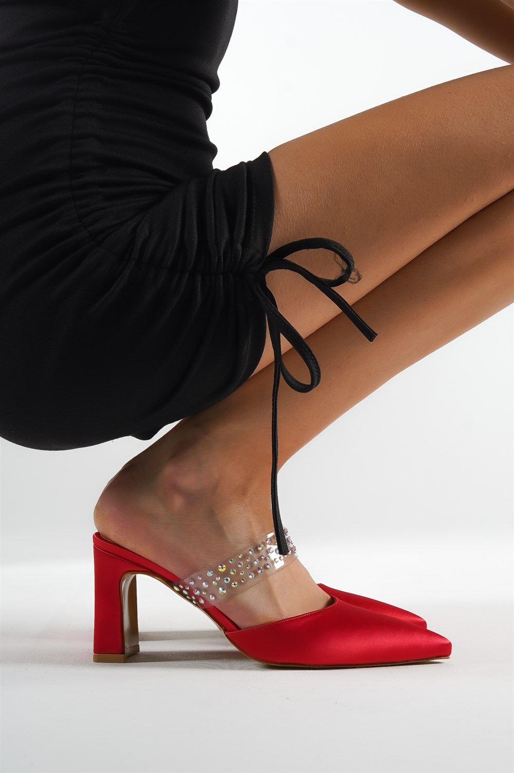 Mid Heel Toe Satin Transparent Cristal Embellished Band Close Toe Women Red Sandals | caponeoutfitters.com