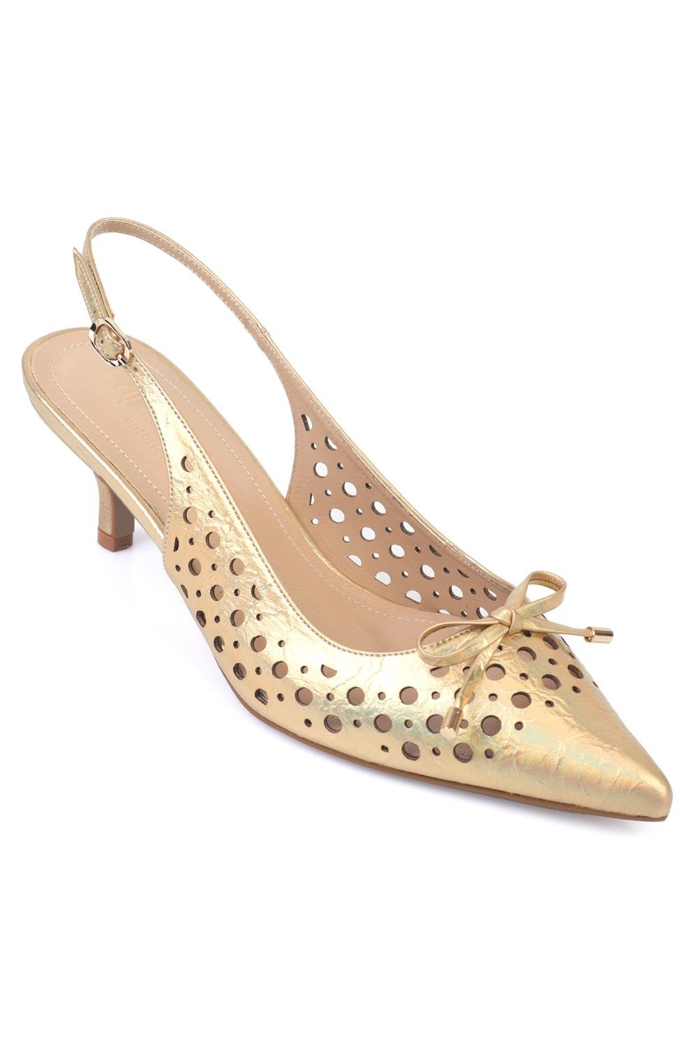Capone Mid Heel Studded Pointed Toe Open Back Metallic Women Gold Shoes