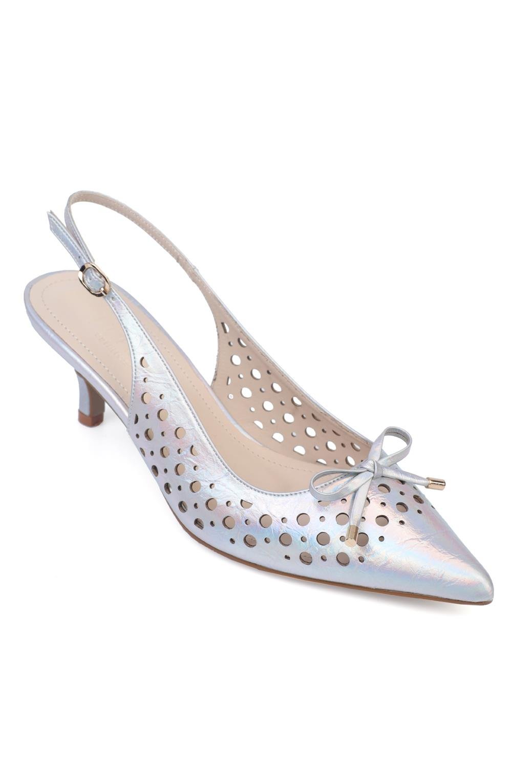 Capone Mid Heel Studded Pointed Toe Open Back Metallic Women Silver Shoes