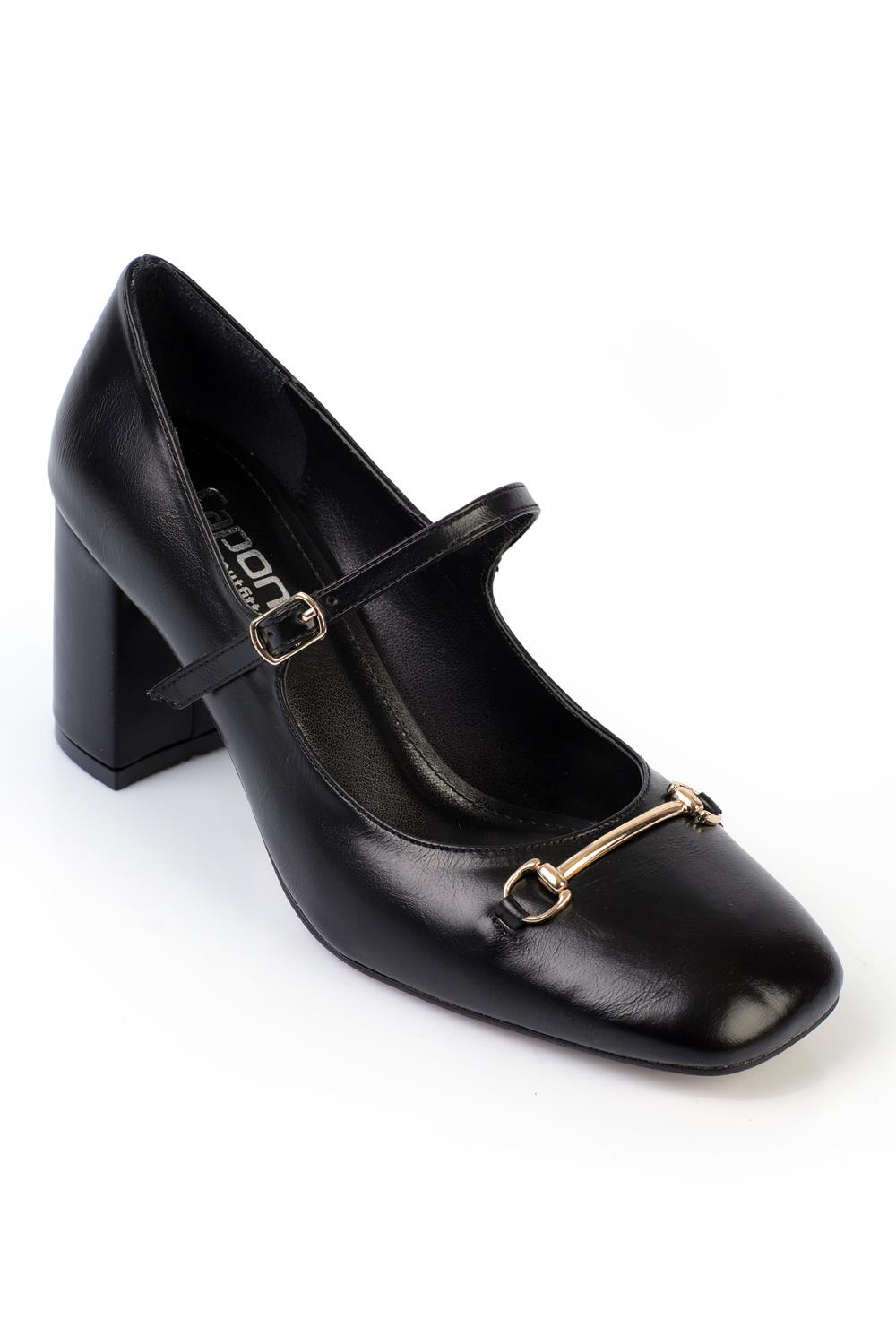 Capone Mid-Heeled Strap Buckled Women Black Shoes