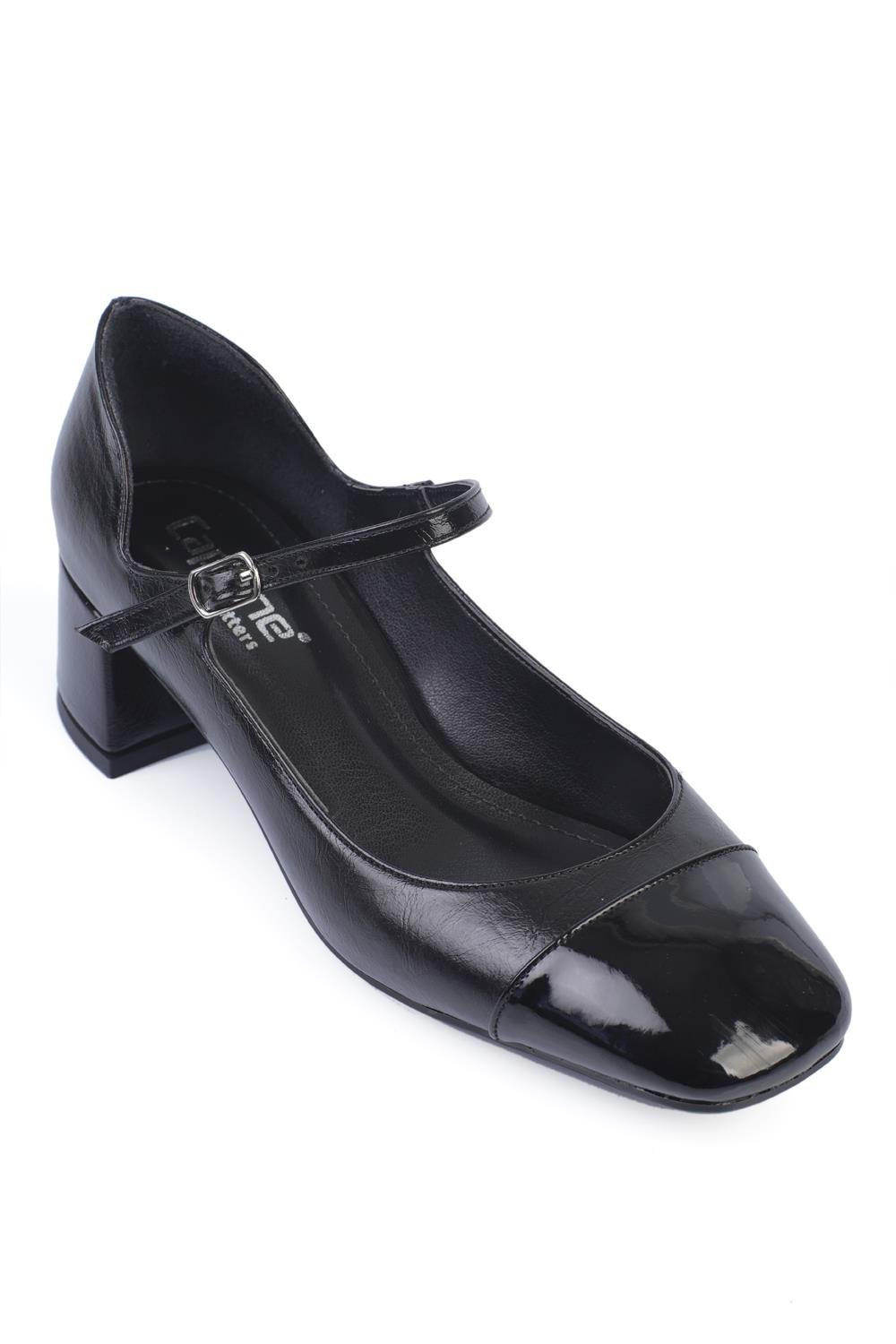 Capone Mid-Heeled Strapped Women Black Crinkle Patent Mary Jane Shoes