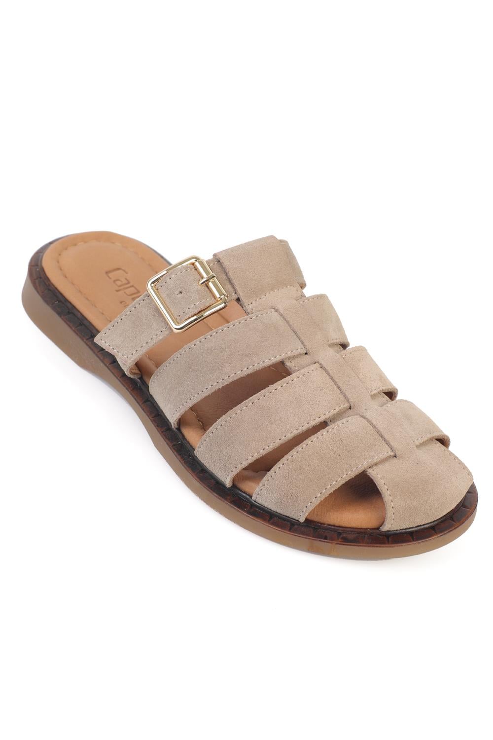 Capone Missy Genuine Suede Gladiator Flat Heel Women Beige Clog