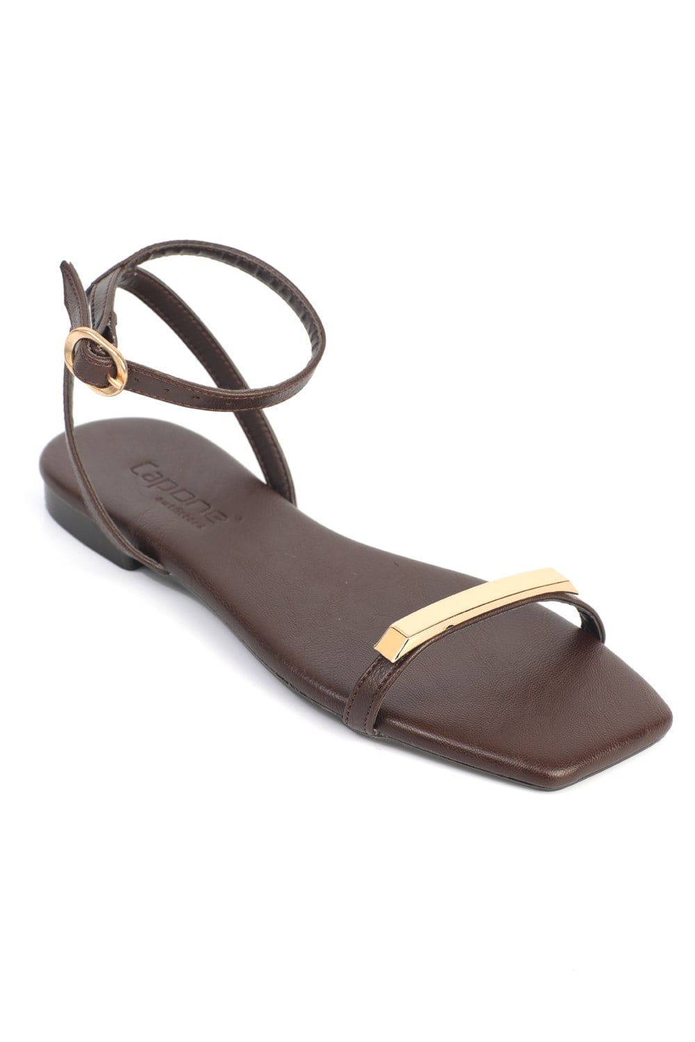 Capone  Nadean Square Toe Metal Single Band Flat Heel Women Brown Sandal