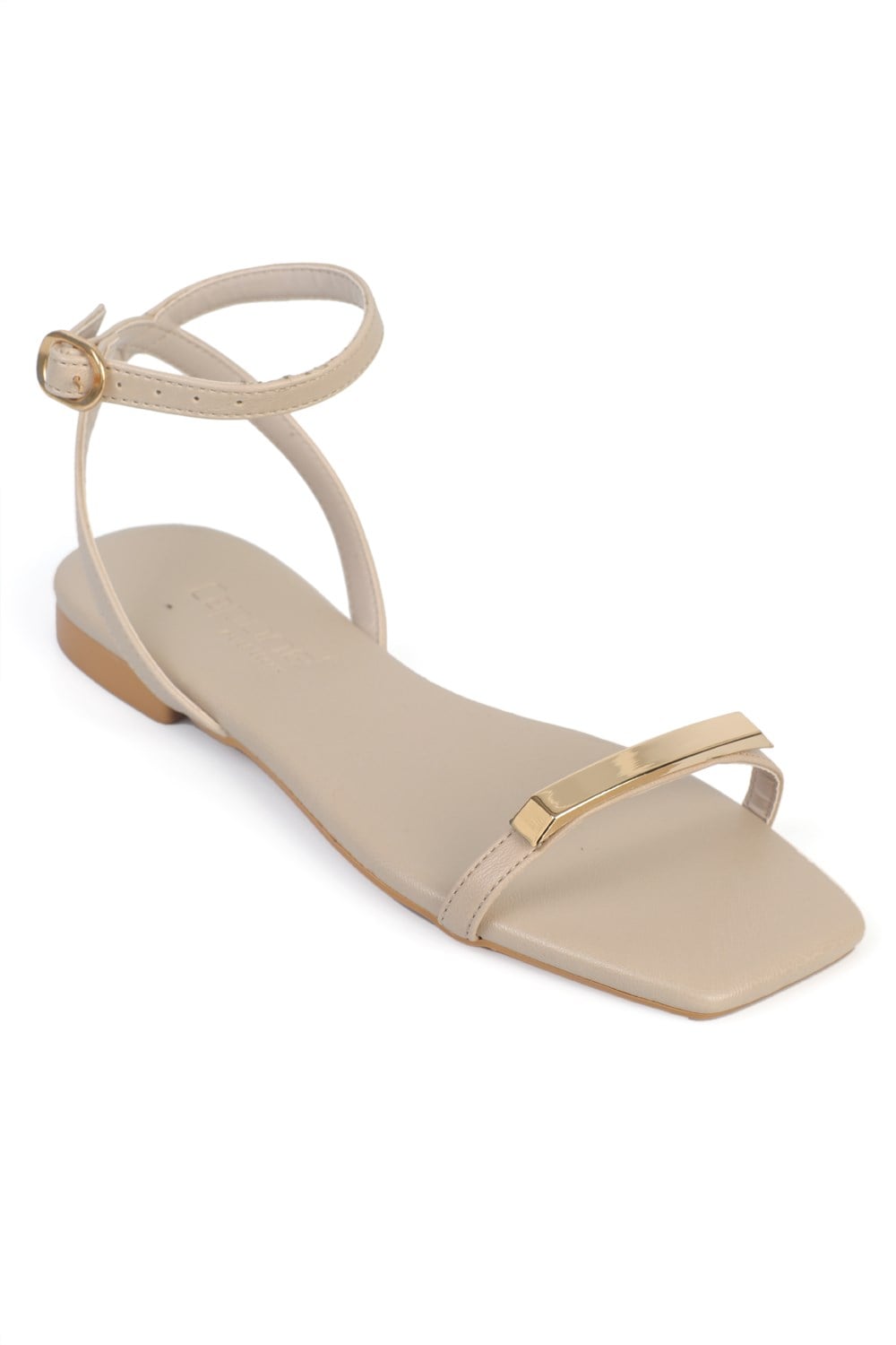 Capone  Nadean Square Toe Metal Single Band Flat Heel Women Beige Sandal