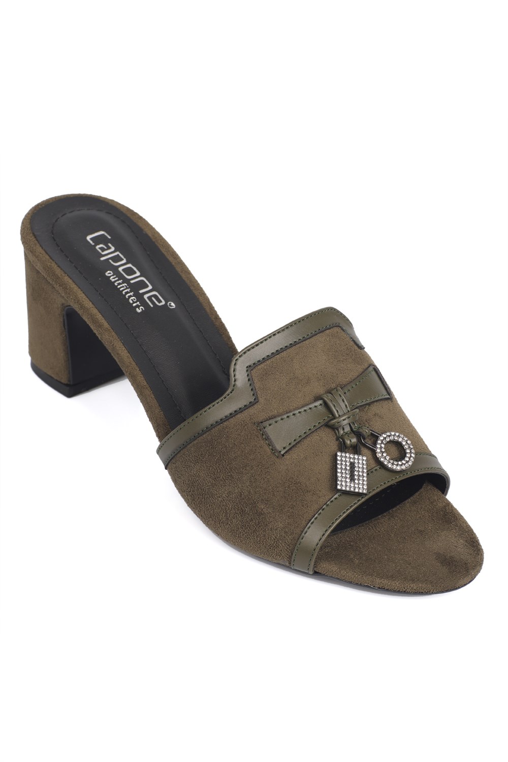 Capone Nady Mid Heel Crystal Embellished Accessory Single Band Women Sued Khaki Sandal