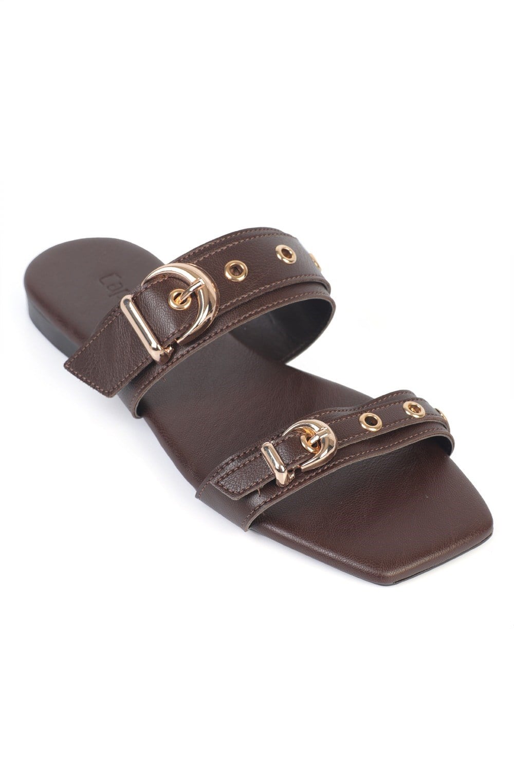 Capone Niki Square Toe Metal Double Buckle Flat Heel Women Brown Sandal