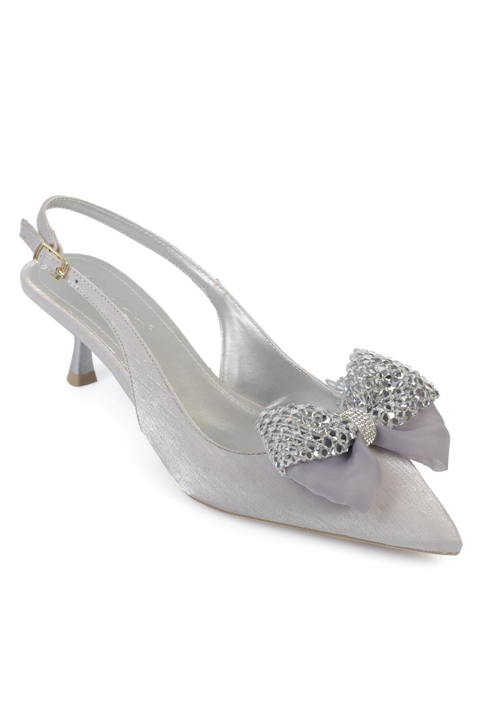 Capone Nikolia Crystal Embellished Bow Detail Pointed Toe Satin Mid Heel Women Silver Shoe