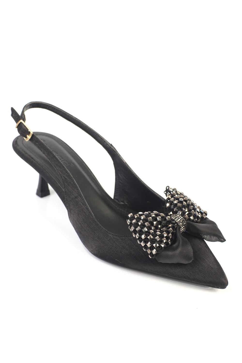 Capone Nikolia Crystal Embellished Bow Detail Pointed Toe Satin Mid Heel Women Black Shoe