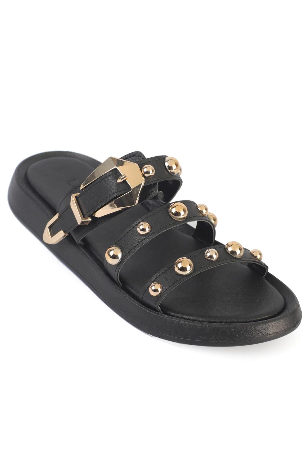 Capone Nollie  Round Toe Metal Accessory Women Black Sandal