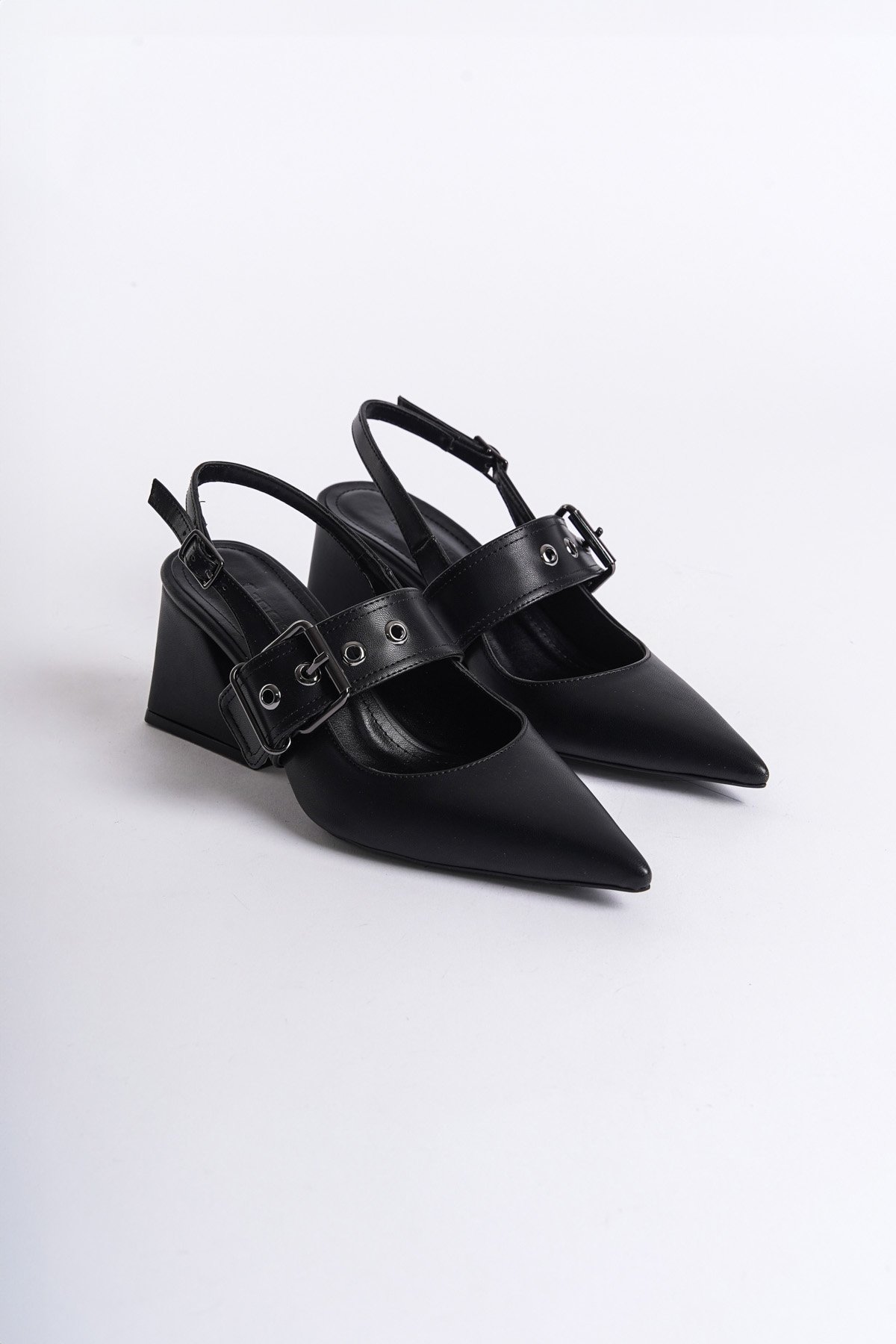 Capone Open Back Banded Buckle Detailed Thick Heeled Women Black Shoes