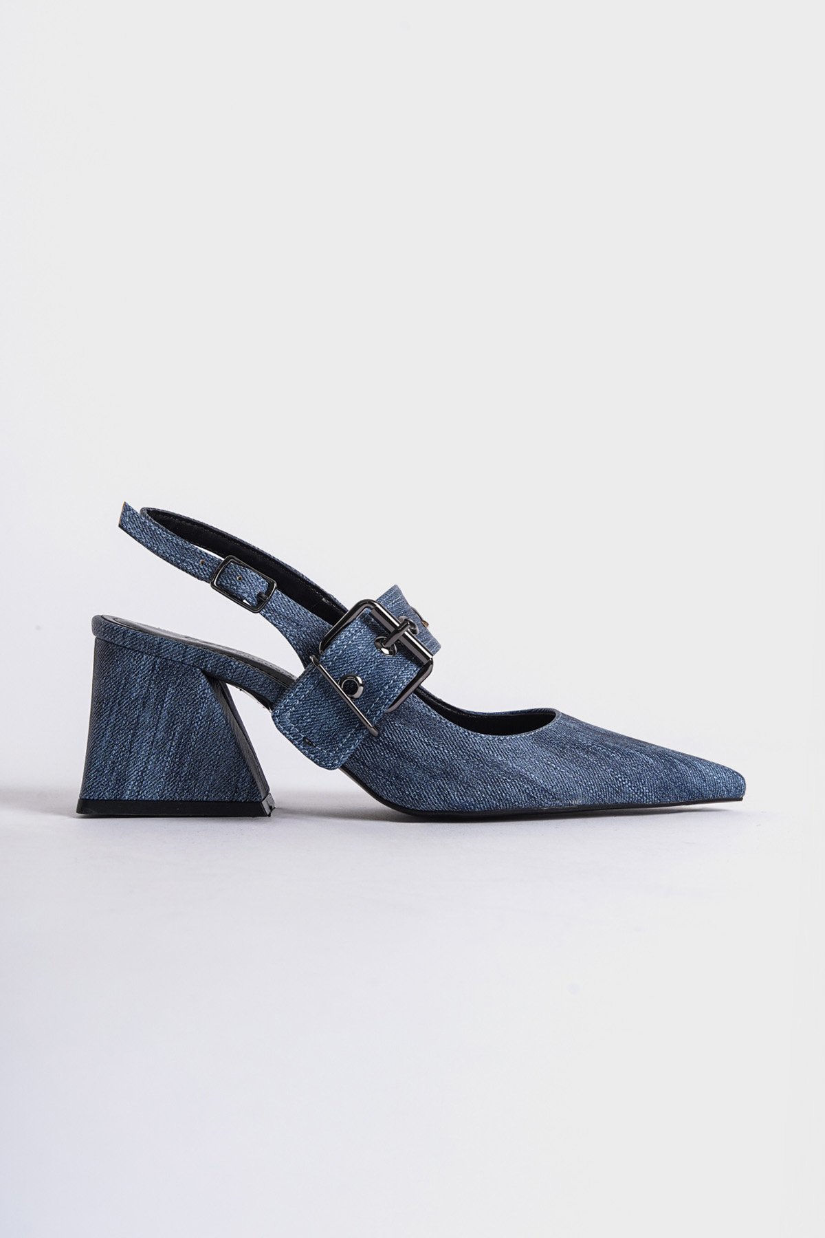 Capone Open Back Banded Buckle Detailed Thick Heeled Women Blue Shoes
