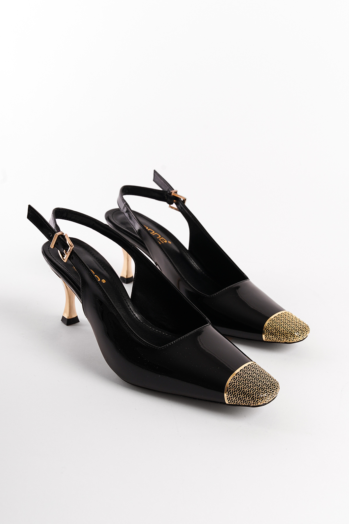 Capone Open Back Blunt Toe Accessory Mid Heeled Patent Faux Leather Women Patent Black Shoes