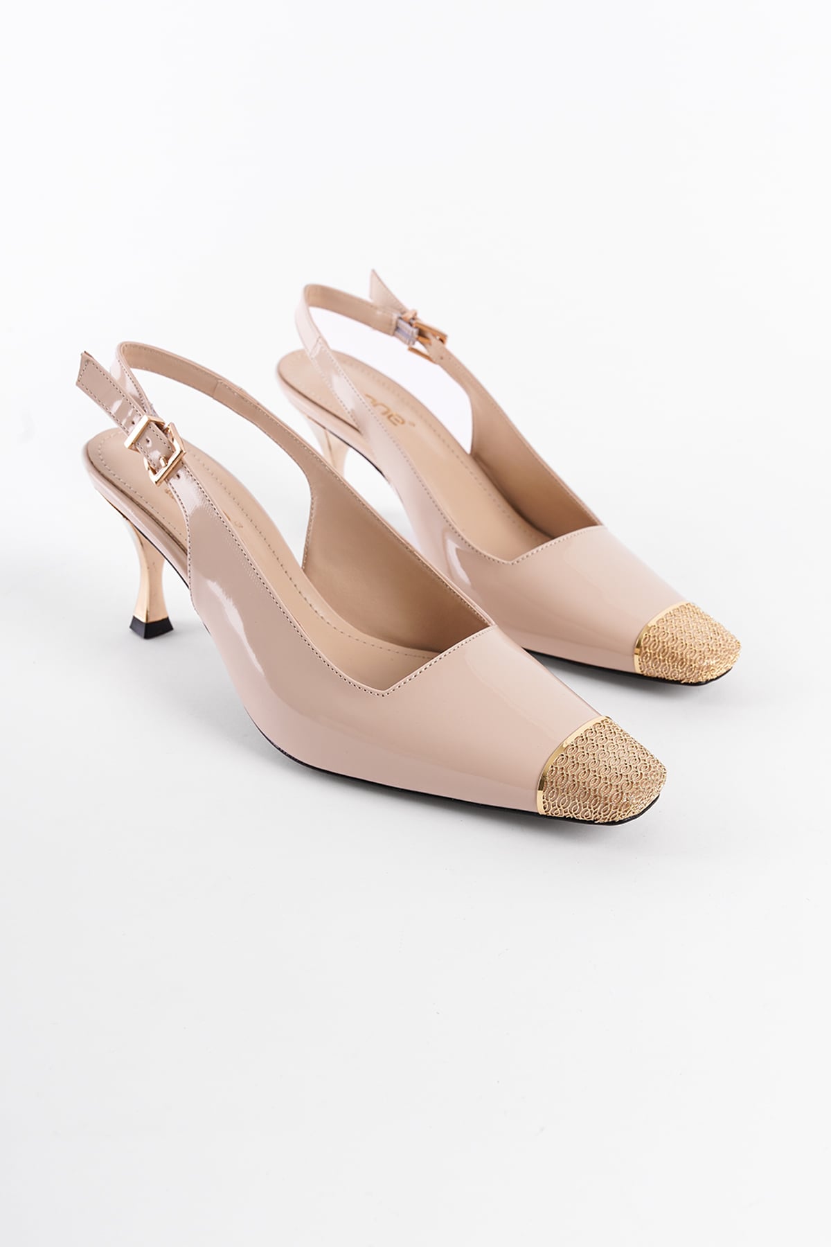 Capone Open Back Blunt Toe Accessory Mid Heeled Patent Faux Leather Women Patent Beige Shoes