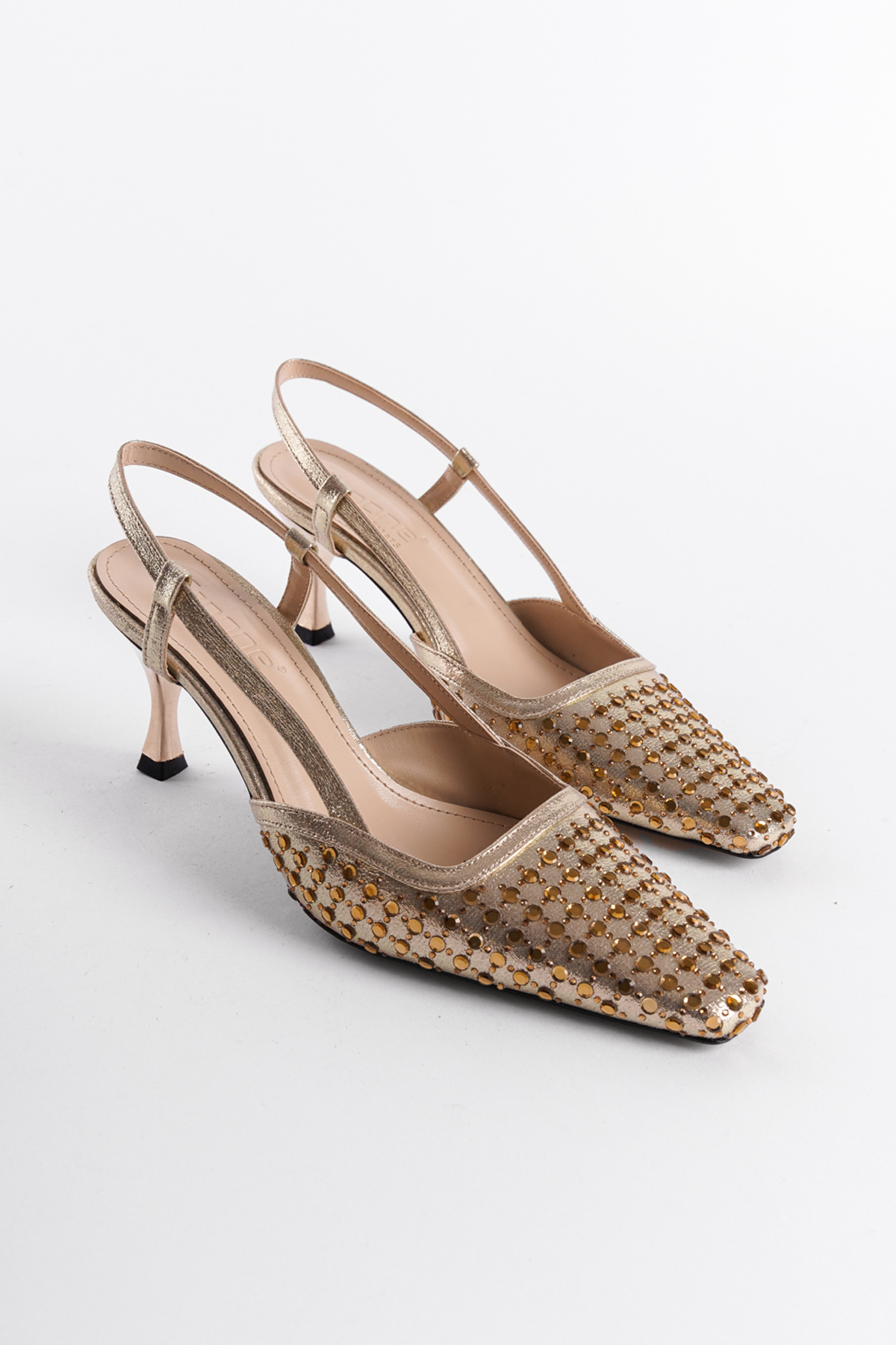 Capone Open Back Blunt Toe Crystal Embellished Mid Heeled Women Gold Shoes