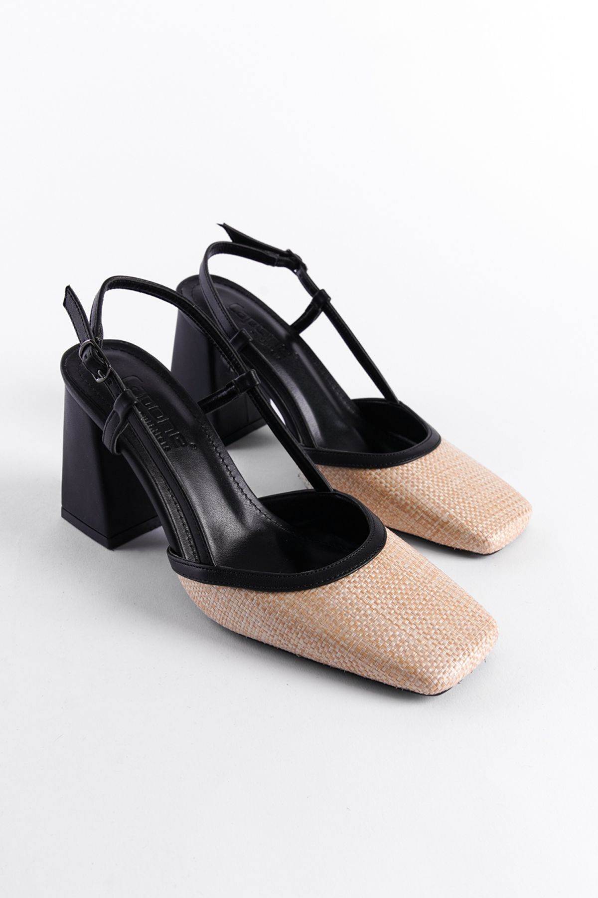 Capone Open Back Blunt Toe Thick Heeled Wicker Women Black Shoes