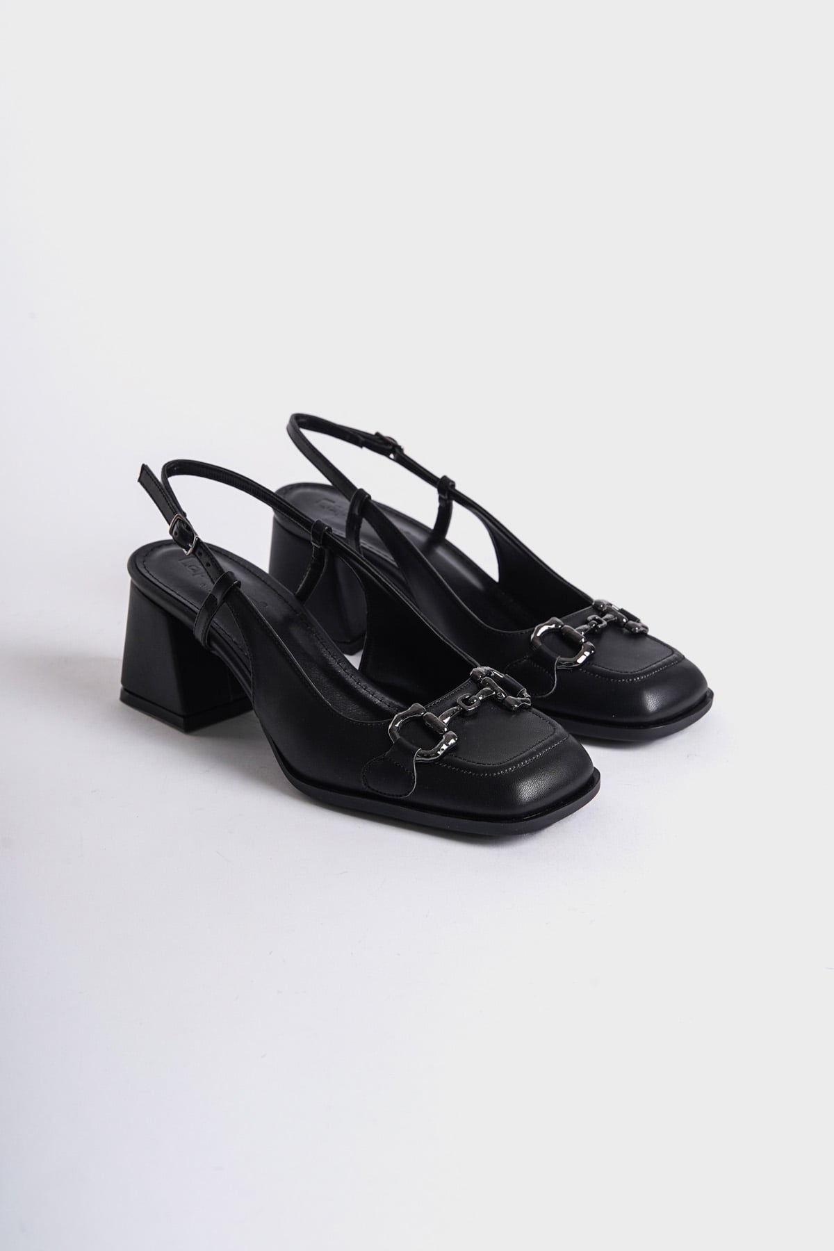 Capone Open Back Blunt Toe Thick Heeled Buckled Women Black Shoes