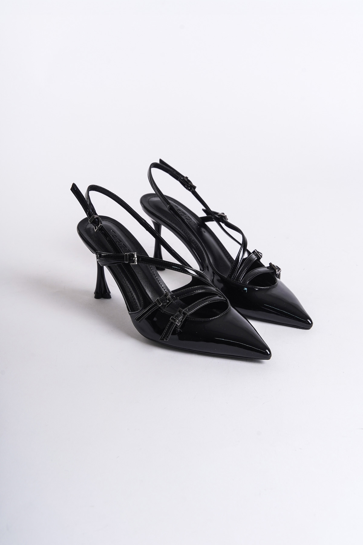 Capone Open Back Pointed Heeled Three-Striped Women Patent Black Shoes