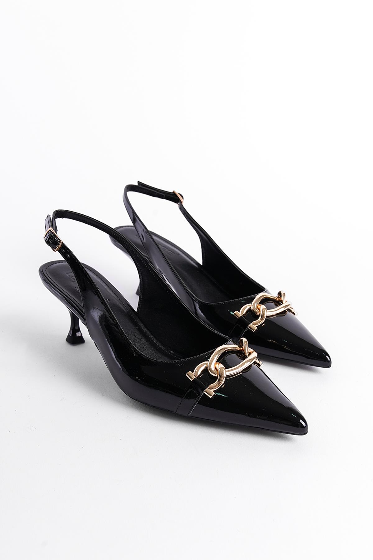 Capone Open Back Pointed Toe Buckle Mid Heeled Women Patent Black Shoes