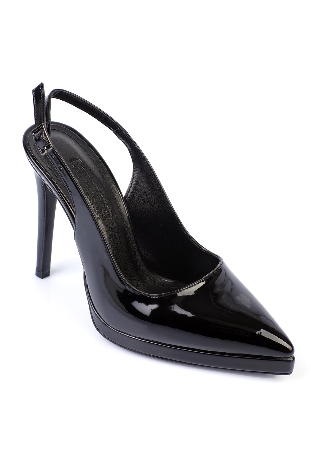 Capone Open Back Pointed Toe High Heeled Women Patent Black Platform Shoes
