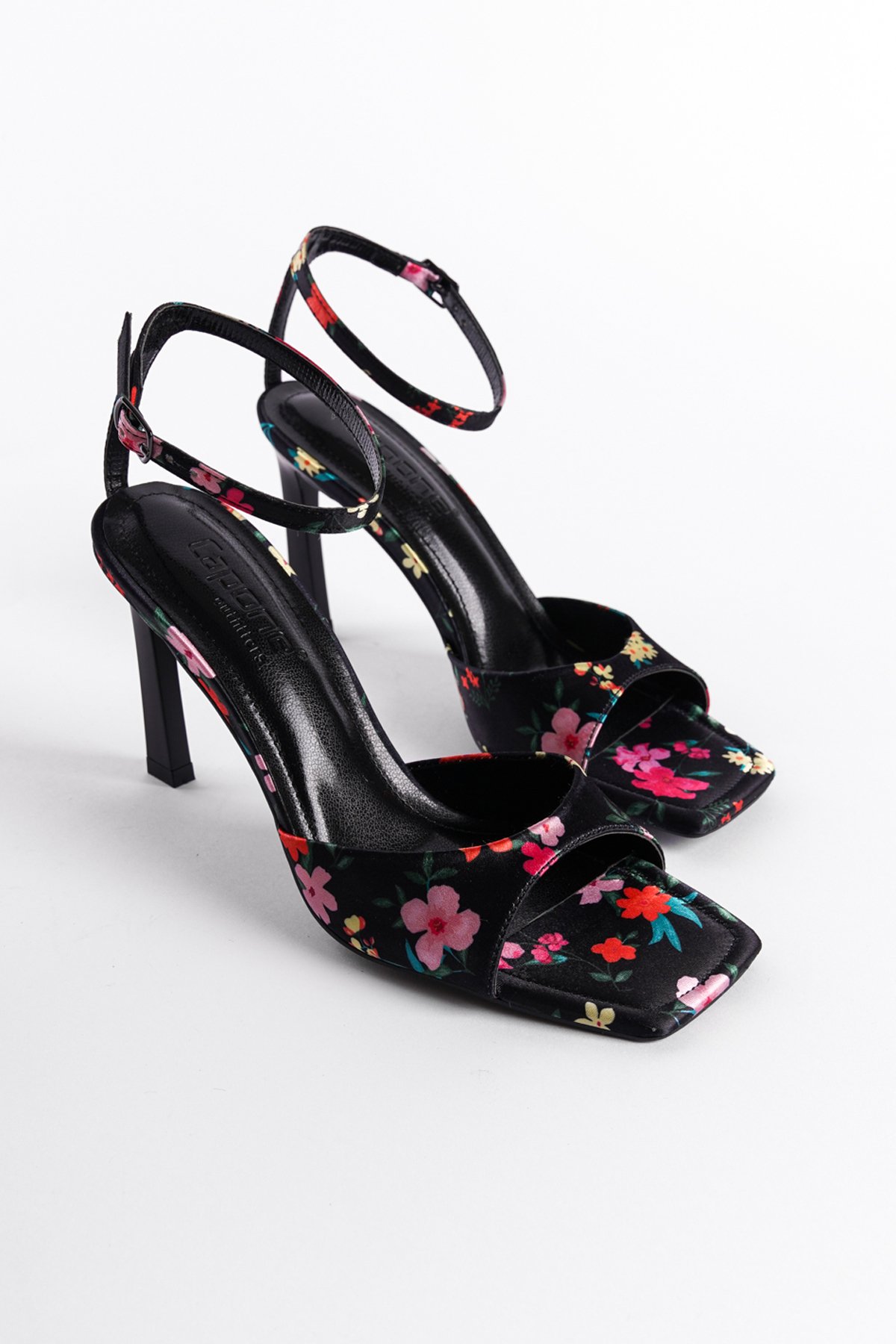 Capone Open Back Pointed Toe High Heeled Flower Patterned Women Black Shoes