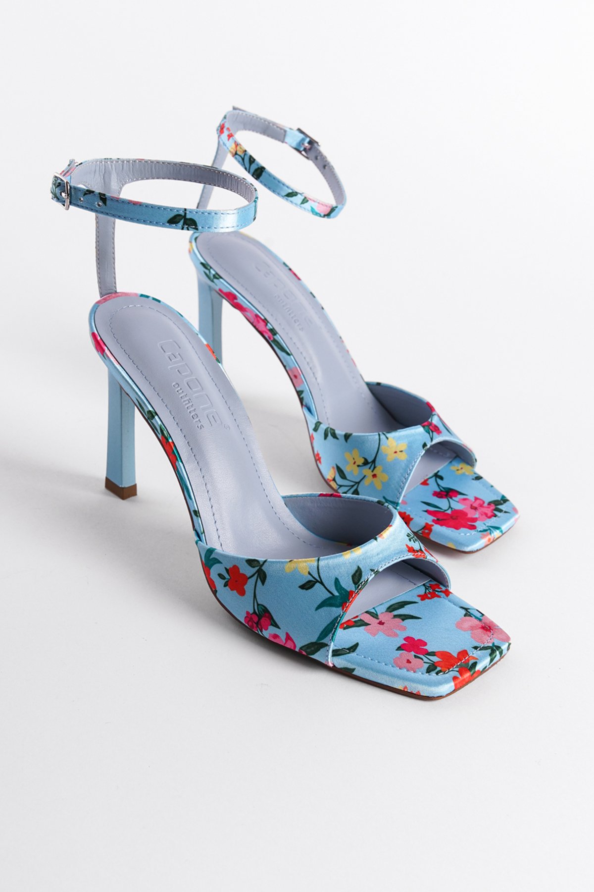 Capone Open Back Pointed Toe High Heeled Flower Patterned Women Blue Shoes