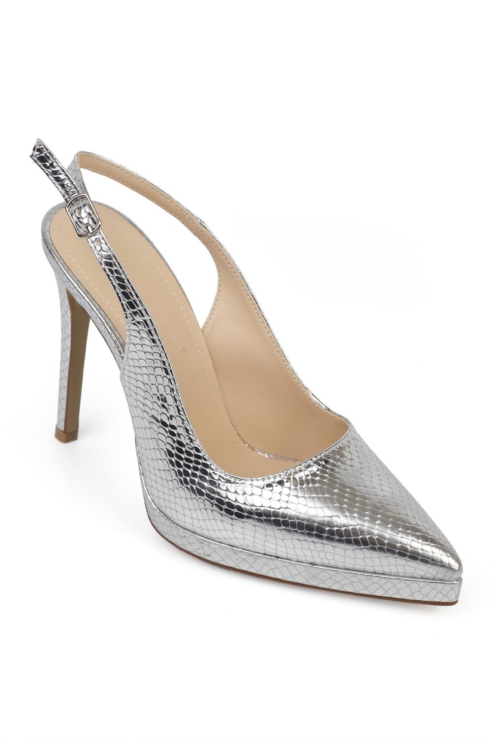 Capone Open Back Pointed Toe High Heeled Women Metallic Silver Platform Shoes