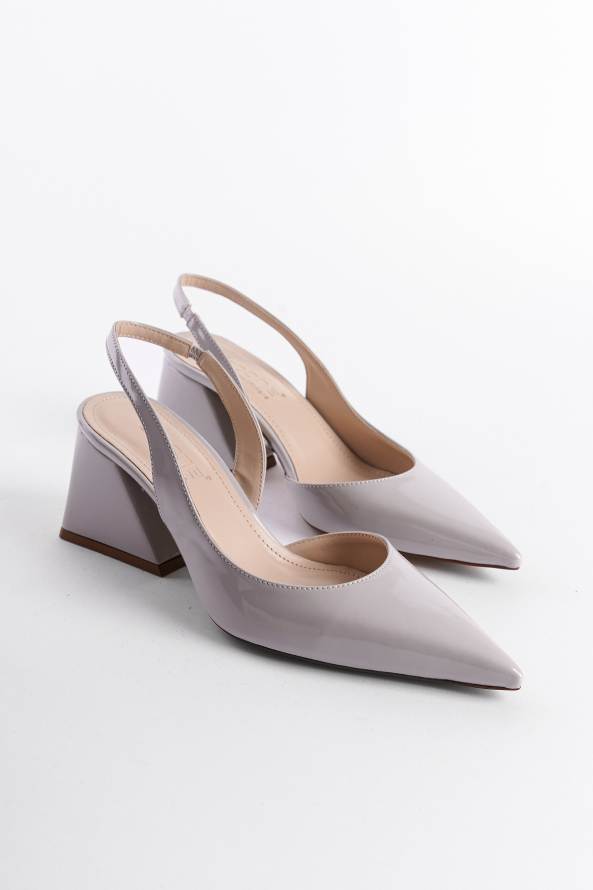 Capone Open Back Pointed Toe Mid Heel Patent Leather Women Grey Shoes