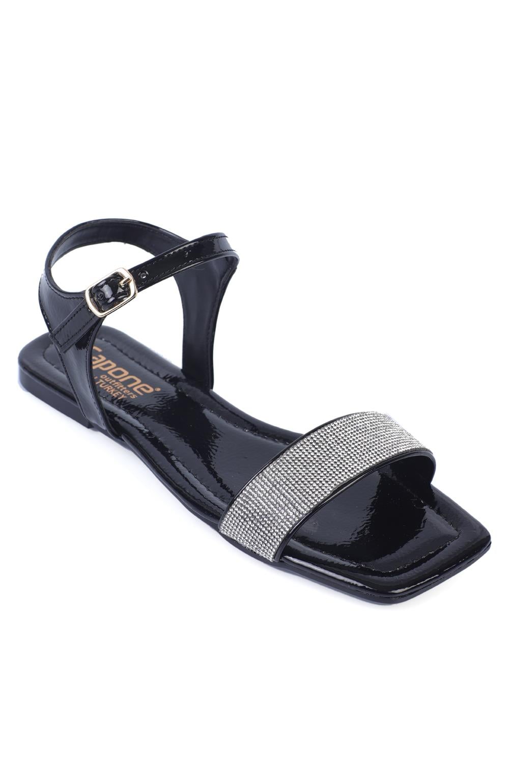 Capone Outfitters 20610 Women Black Crinkle Patent Sandal