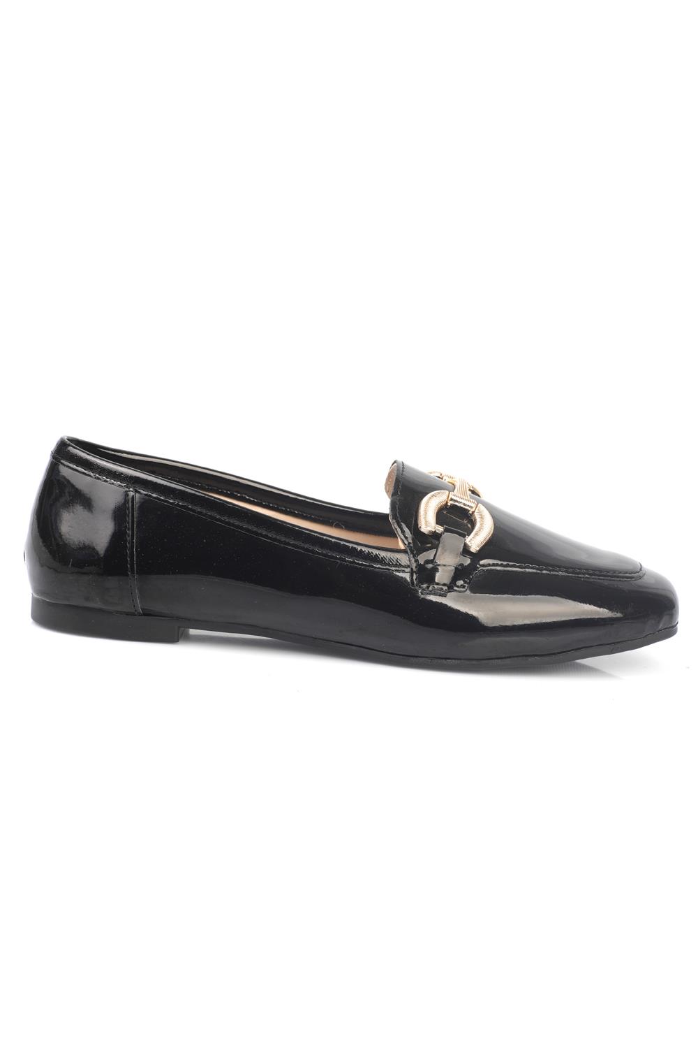 Capone Square Toe Front Buckle Accessory Women Patent Black Loafer Shoes