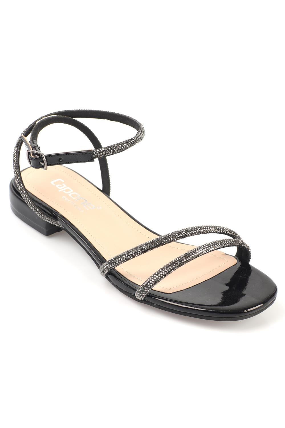 Capone Oval Toe Front Crystal Embellished Two Bands Low Heel Rugan Woman Sandals