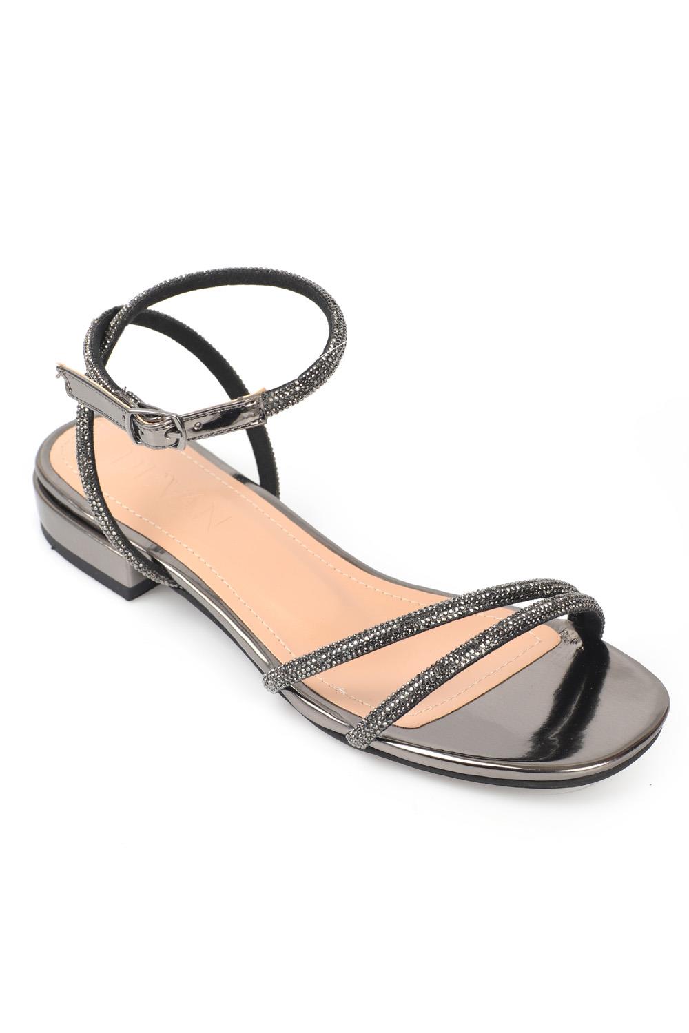 Capone Oval Toe Front Crystal Embellished Two Bands Low Heel Mirror Fabric Woman Sandals