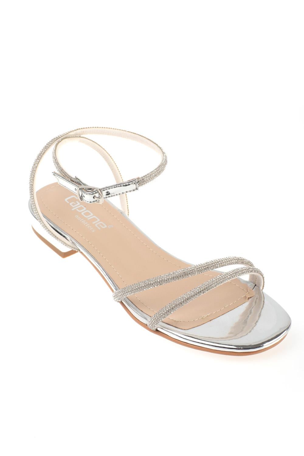 Capone Oval Toe Front Crystal Embellished Two Bands Low Heel Mirror Fabric Woman Sandals