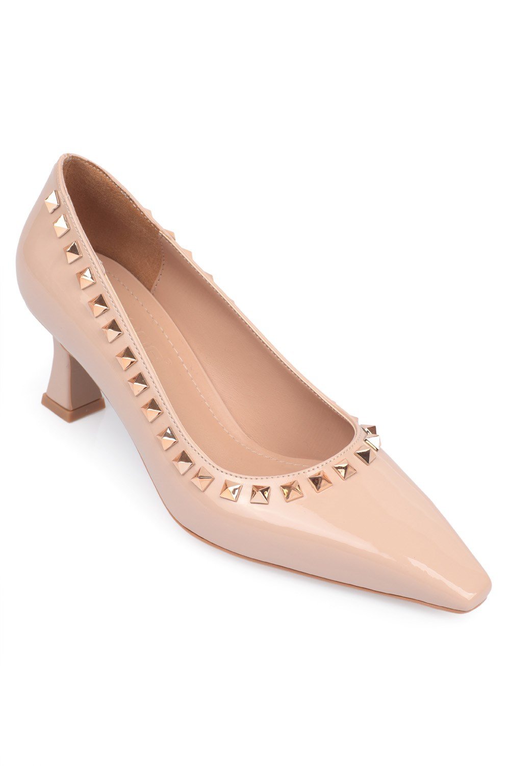 Capone Patent Leather Mid Heel Spike Accessory Women Nude Shoes