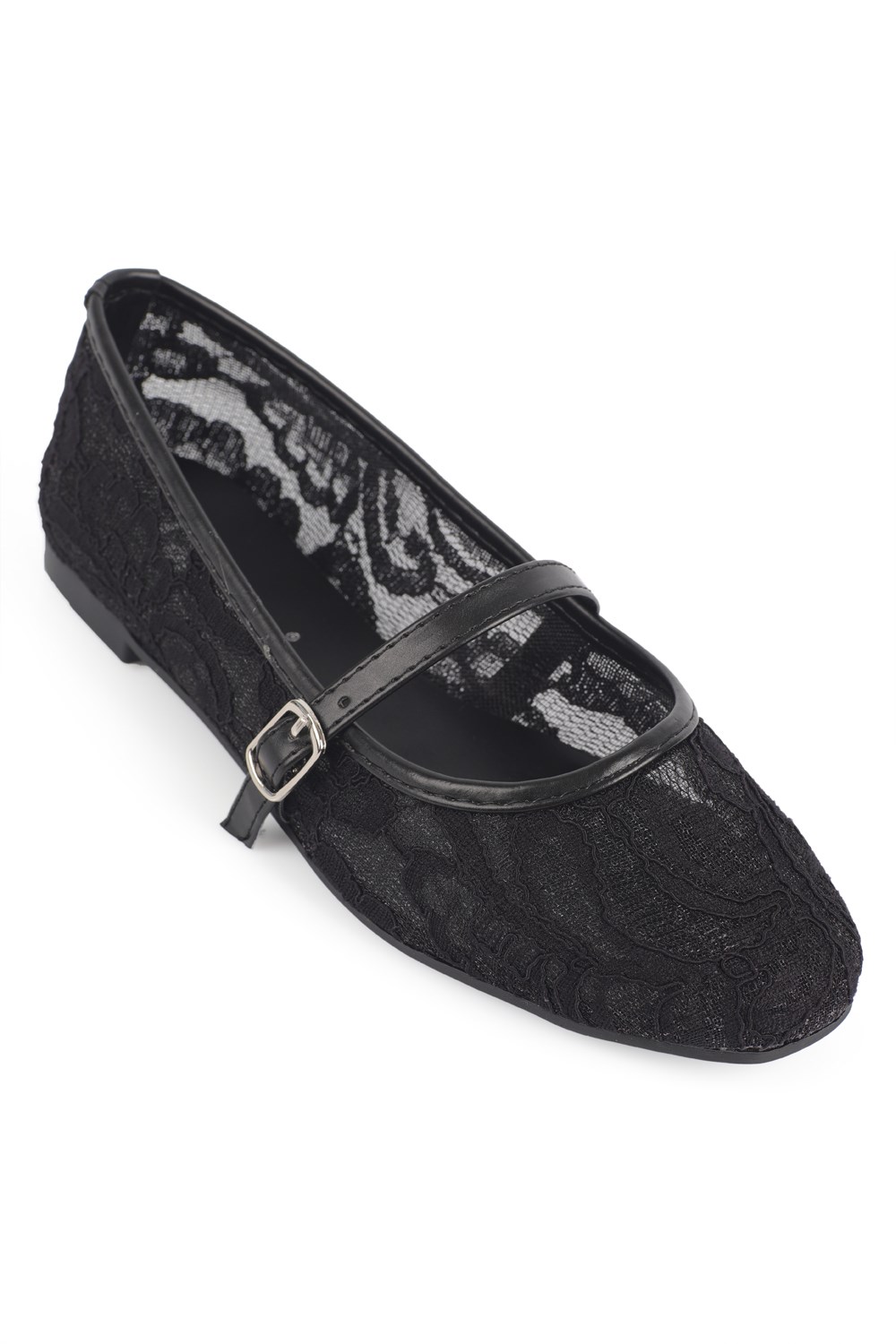 Capone Pennie Lace Mesh Embroidered Women Black Ballet Flat