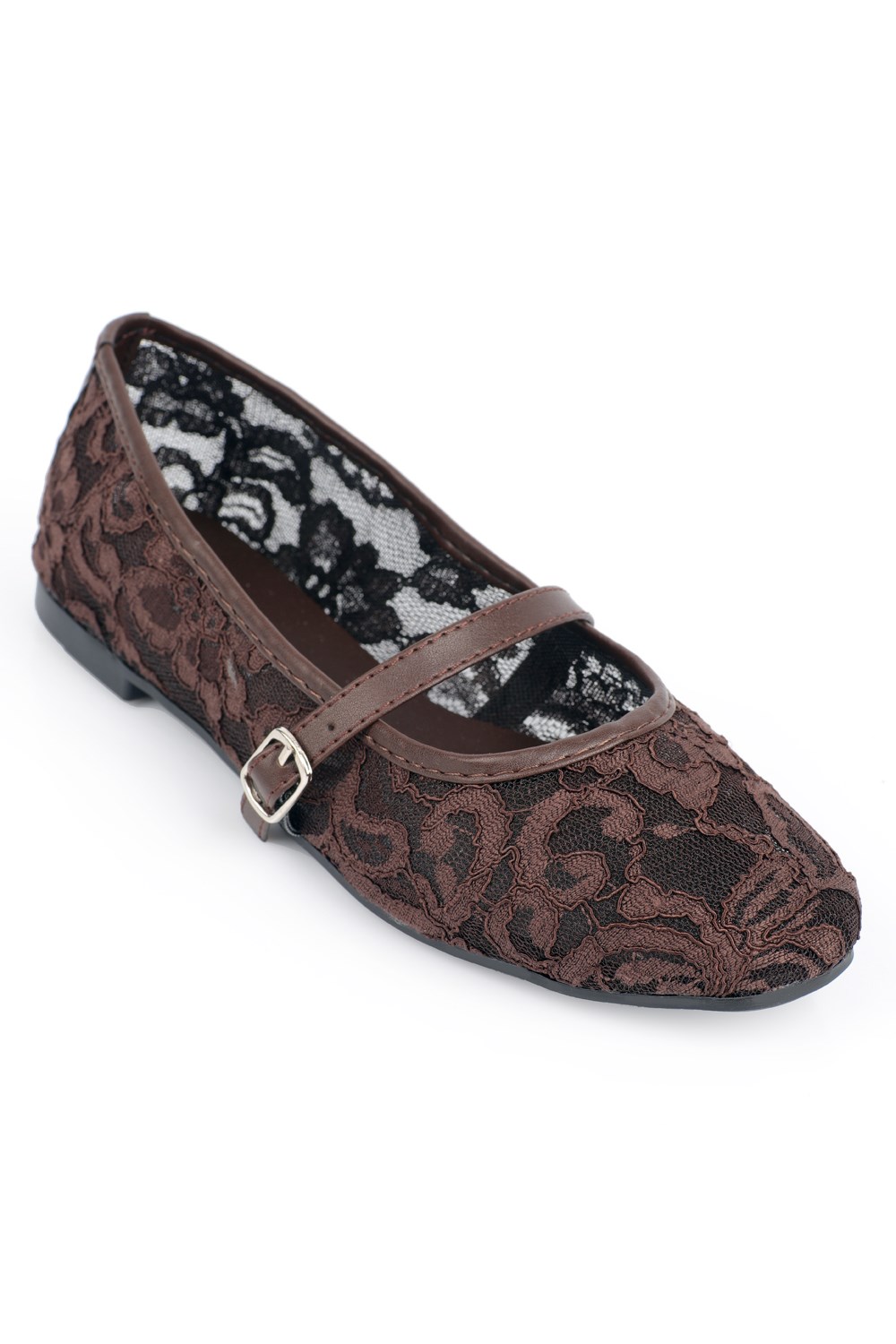 Capone Pennie Lace Mesh Embroidered Women Brown Ballet Flat