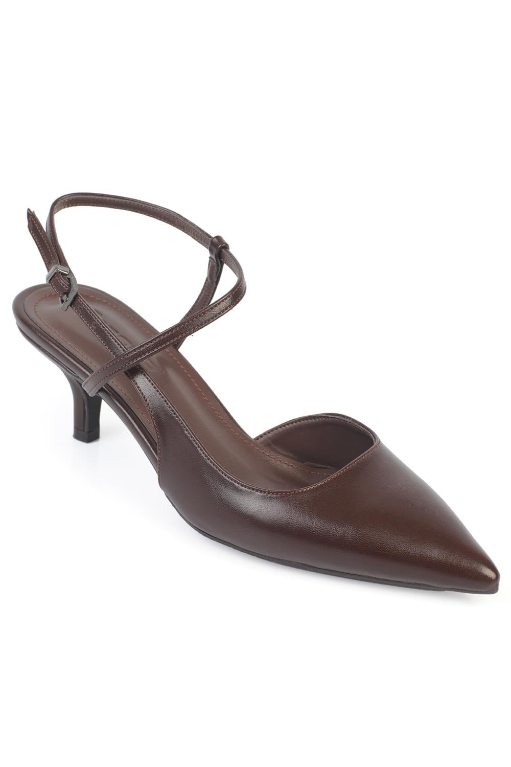 Capone Perla Pointed Toe Mid Heel Ankle Strap Women Brown Shoe