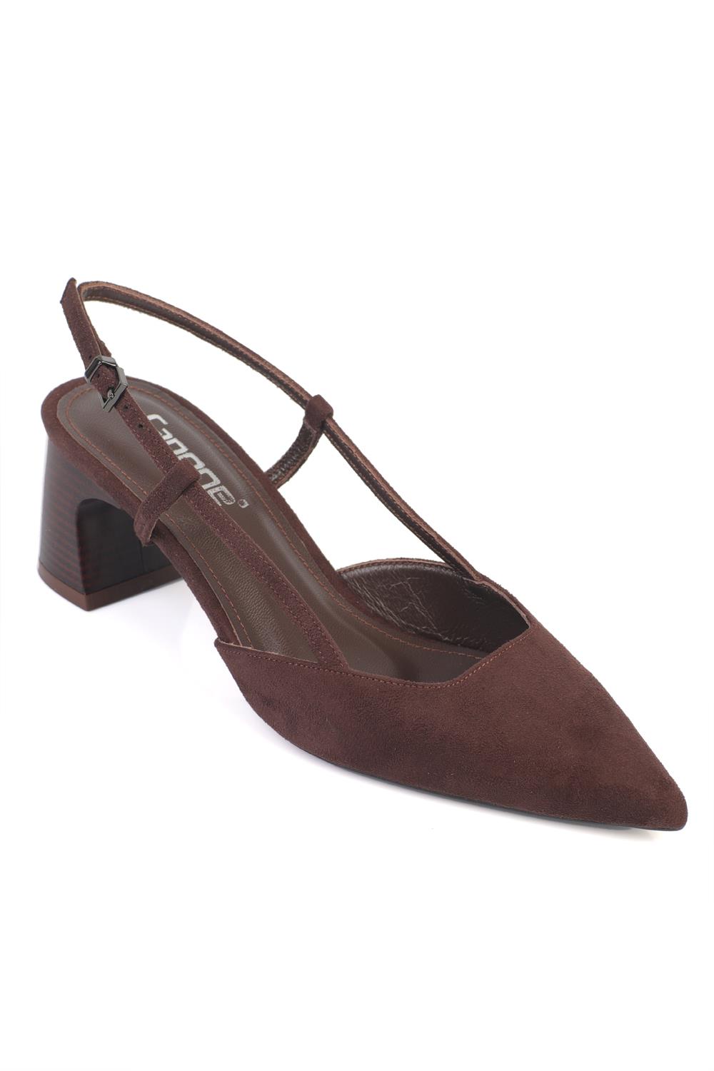 Capone Phelia Genuine Leather Lined Pointed Toe Mid Block Heel Suede Look Open Back Women Sued Brown Shoe