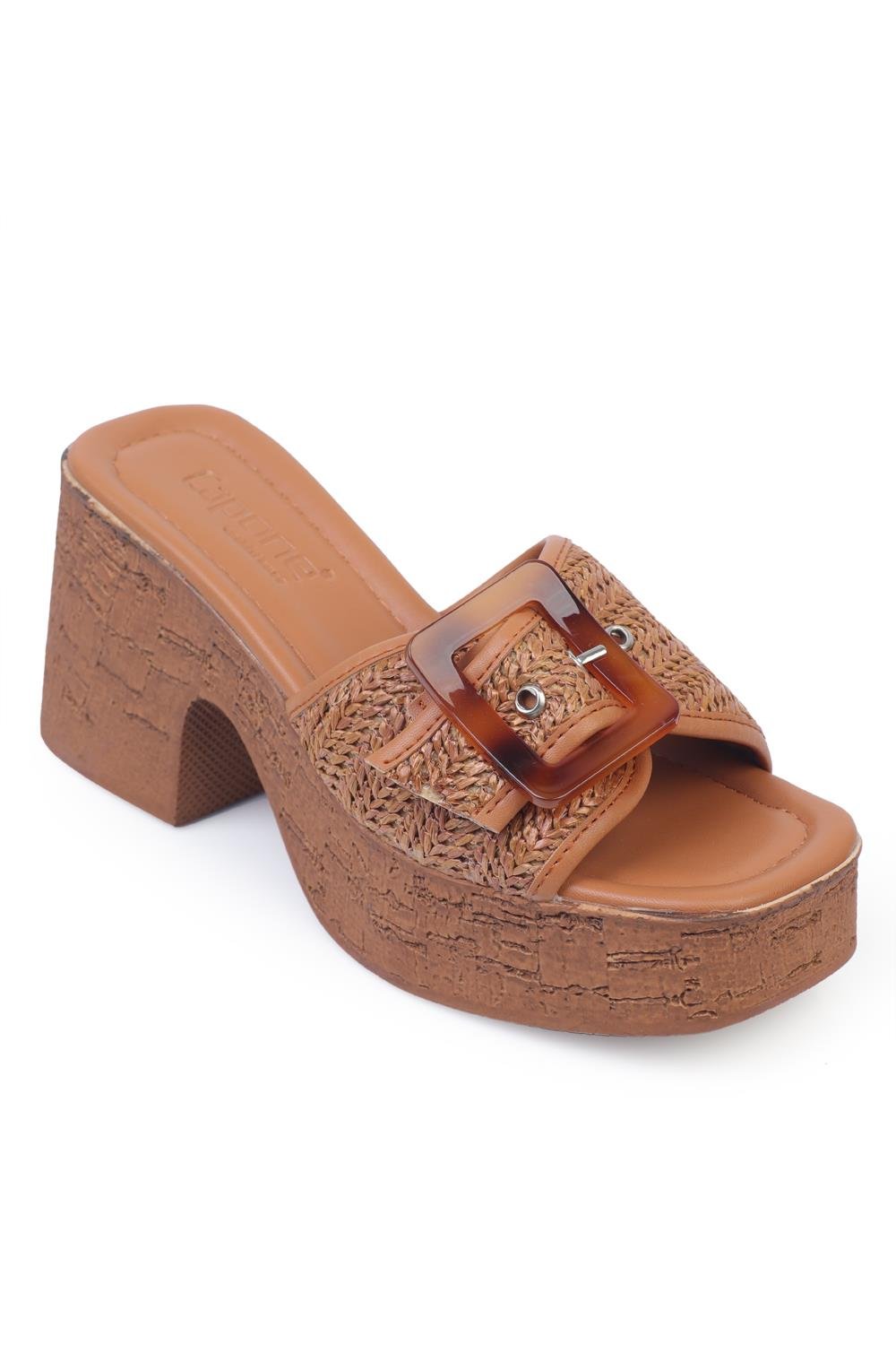 Capone Platform Leopard Buckled Raffia Single Strap Women  Sandals