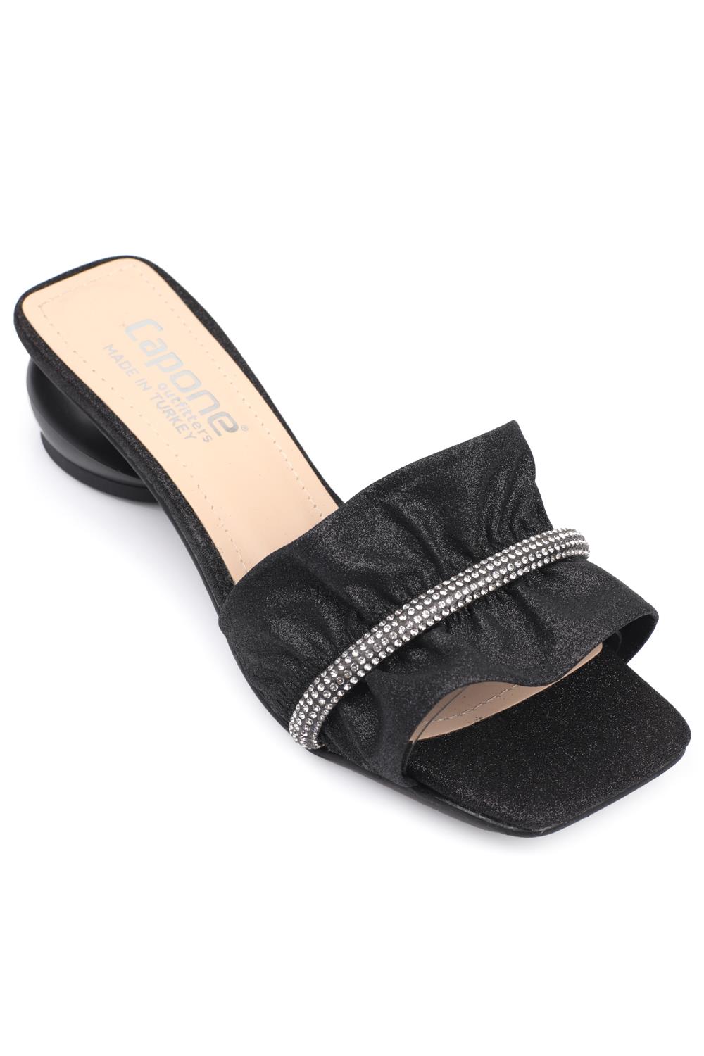 Capone Pleated Crystal Embellished Mid Heel Chic Women Black Sandals